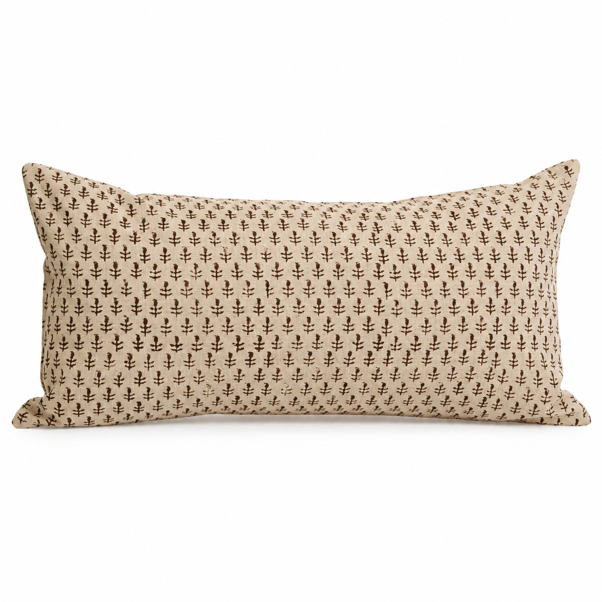 Maren natural and mahogany hand-block print lumbar cushion, 12 by 22 inches