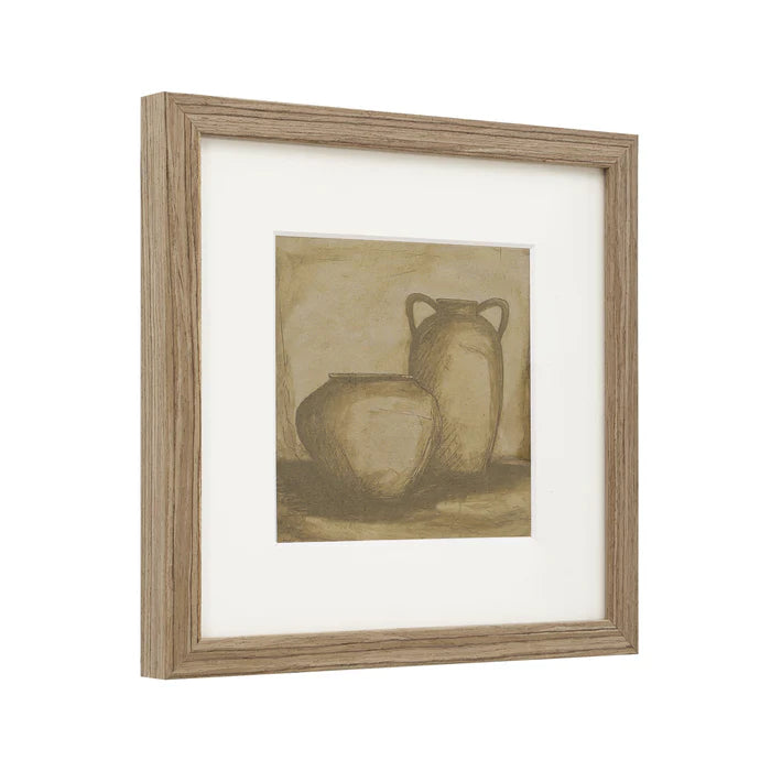 Angled view of the Margot vessel wall art highlighting its natural wood grain frame and crisp white matting.