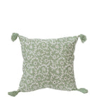 Green patterned pillow with tassels on a white background