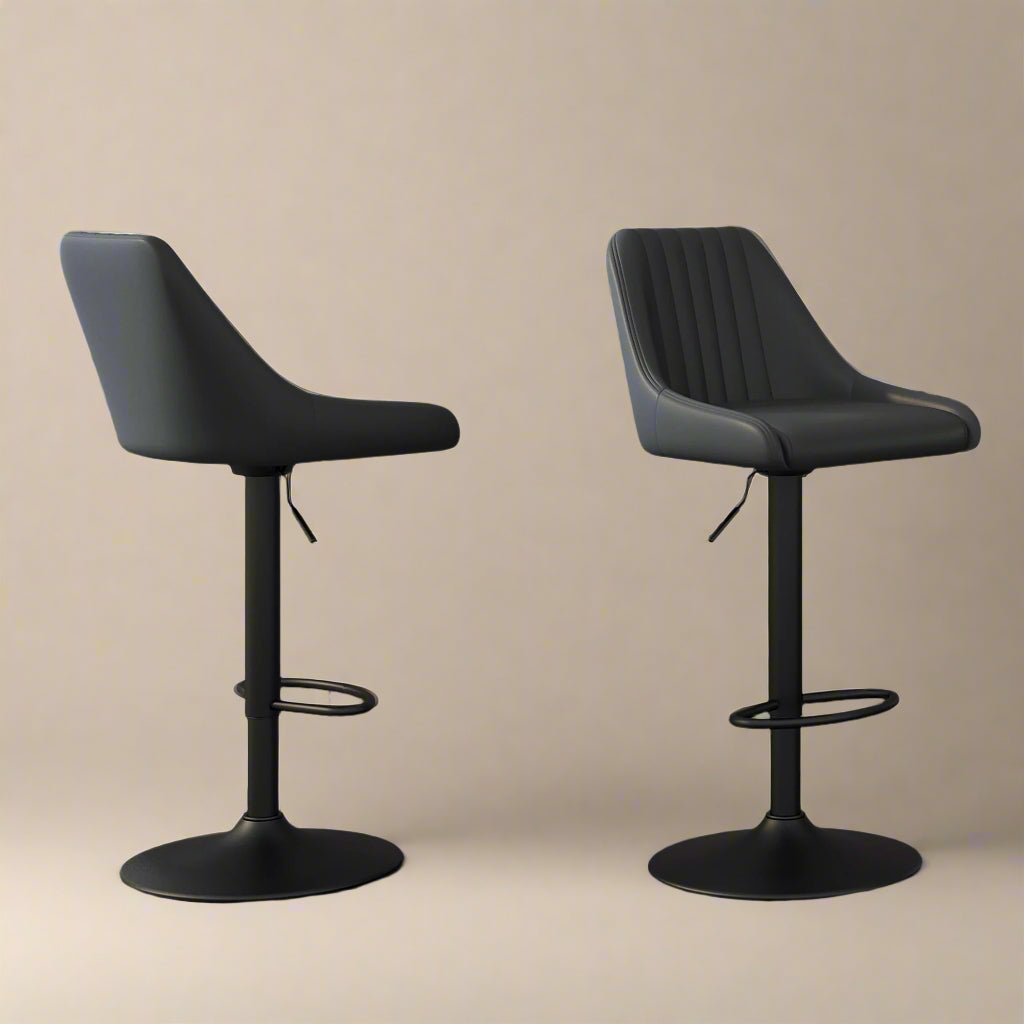 Front and back views of black Mason Adjustable Swivel Bar Stools with pedestal bases