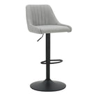 Angled front view of the grey Mason Adjustable Swivel Bar Stool with upholstered seat