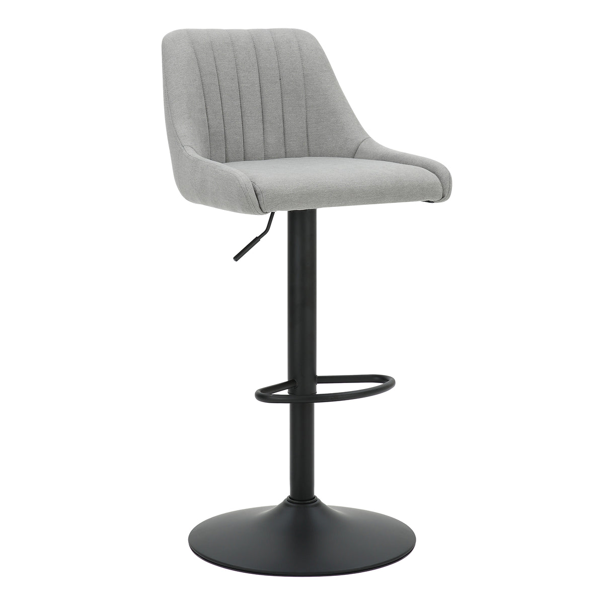Angled front view of the grey Mason Adjustable Swivel Bar Stool with upholstered seat