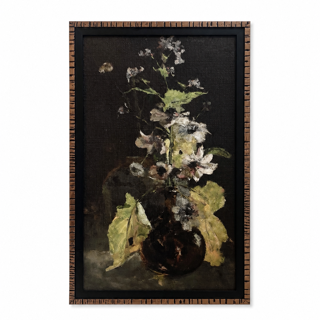 Framed artwork of a still life with flowers and leaves on a dark background