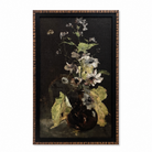 Framed artwork of a still life with flowers and leaves on a dark background