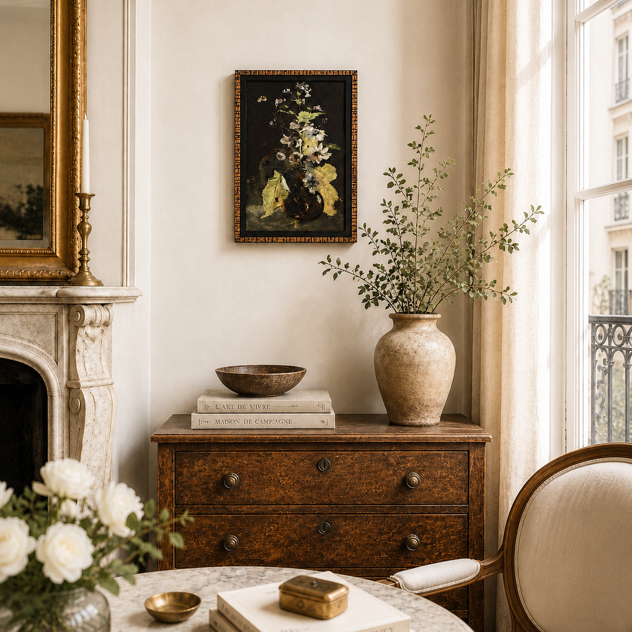 Decorative interior with a wooden dresser, vase, books, and flowers.