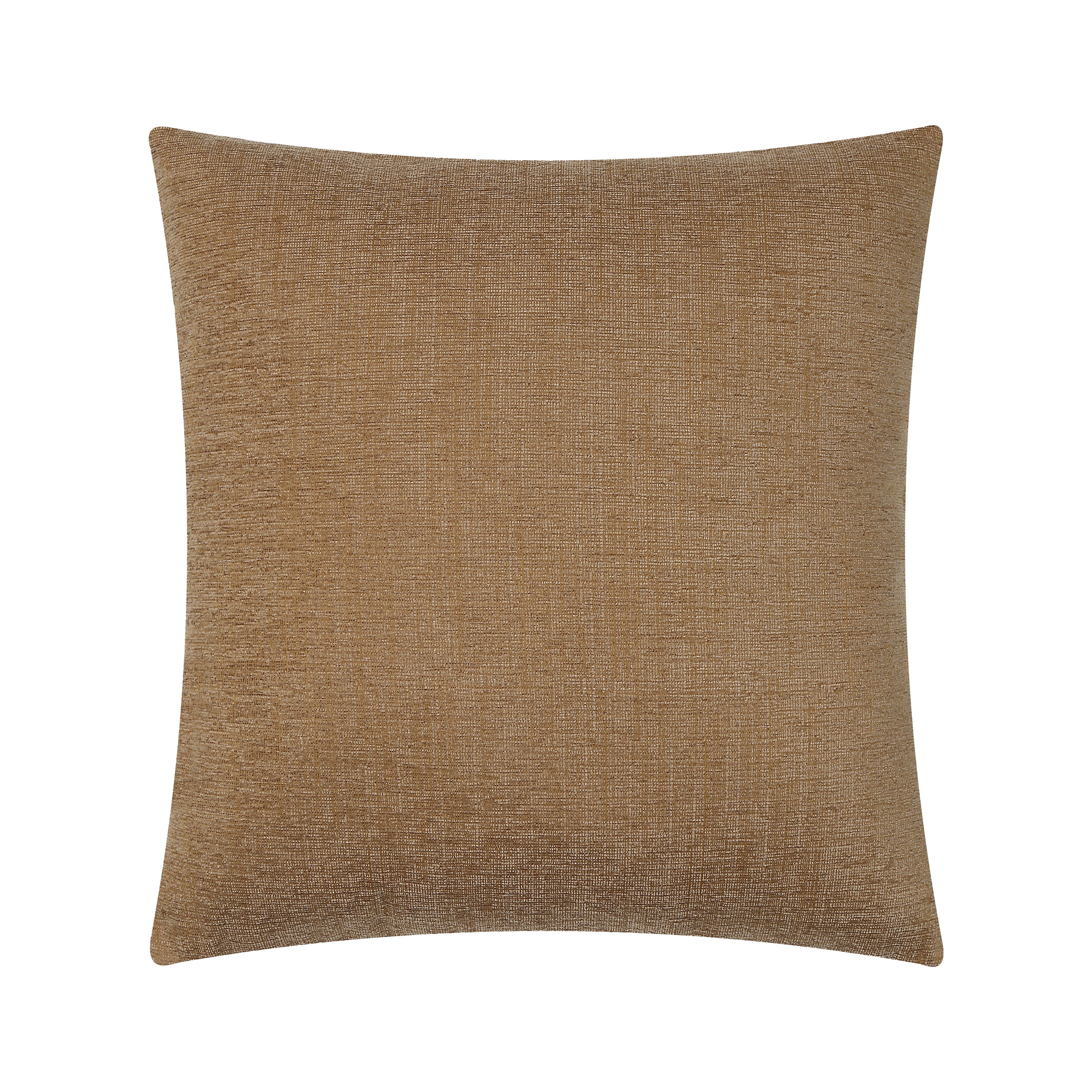 Full front view of the square Miles throw pillow featuring a warm camel brown woven textured fabric.