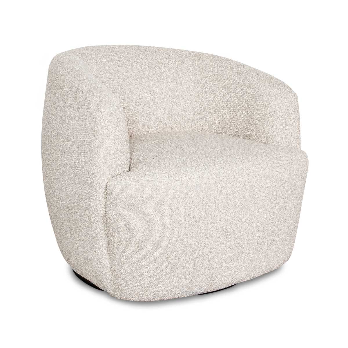 Angled studio view of the Milo chair showcasing its deep seat and seamless, fully upholstered barrel back.