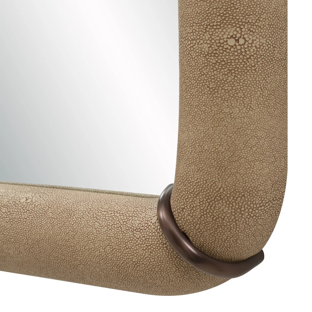 Close-up of the Mirelle Full-Length Mirror highlighting the beige shagreen-textured vegan leather frame and antique metal accent band.