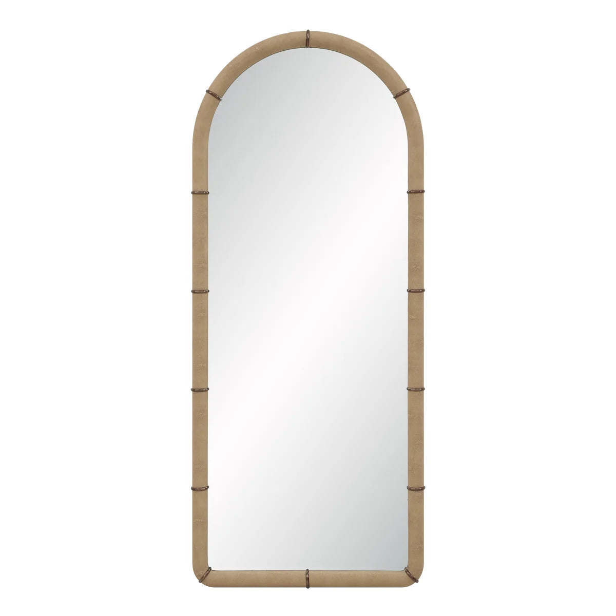 Front view of the Mirelle Full-Length Mirror with an arched silhouette, beige shagreen-textured vegan leather frame and antique metal accents.