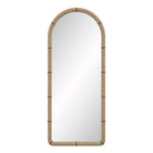 Front view of the Mirelle Full-Length Mirror with an arched silhouette, beige shagreen-textured vegan leather frame and antique metal accents.