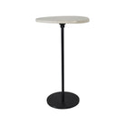 Round side table with white top and black base on a white background