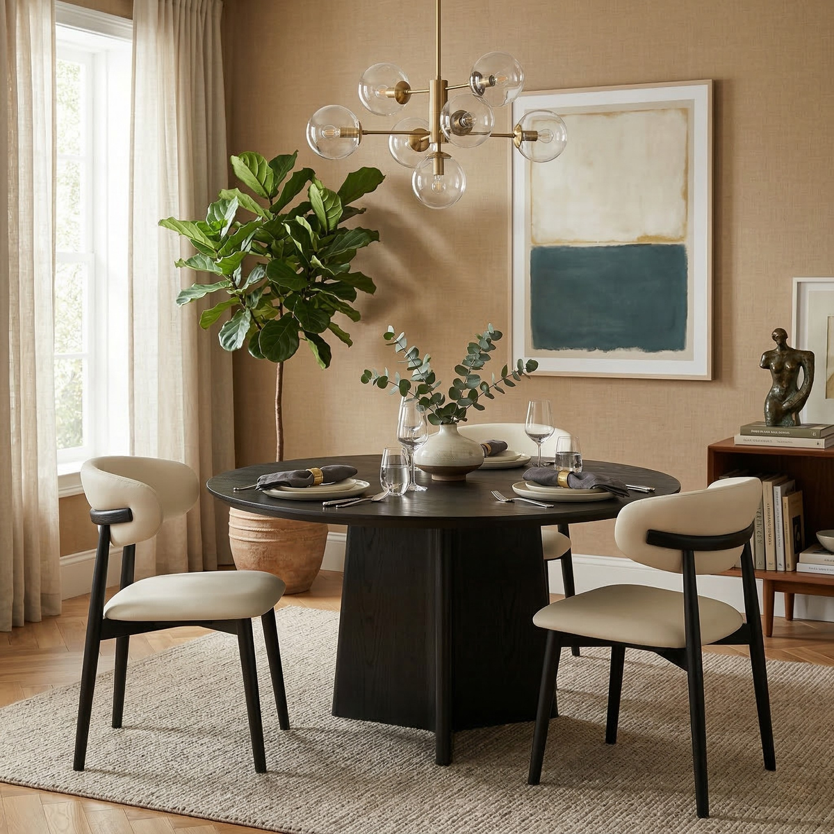 Four cream PU leather dining chairs with black ash wood frames around a round black dining table featuring the Modern PU Leather Ash Wood Dining Side Chair