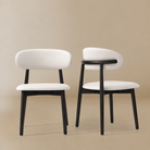 Pair of cream PU leather dining chairs with black ash wood frames, shown from the front and back featuring the Modern PU Leather Ash Wood Dining Side Chair