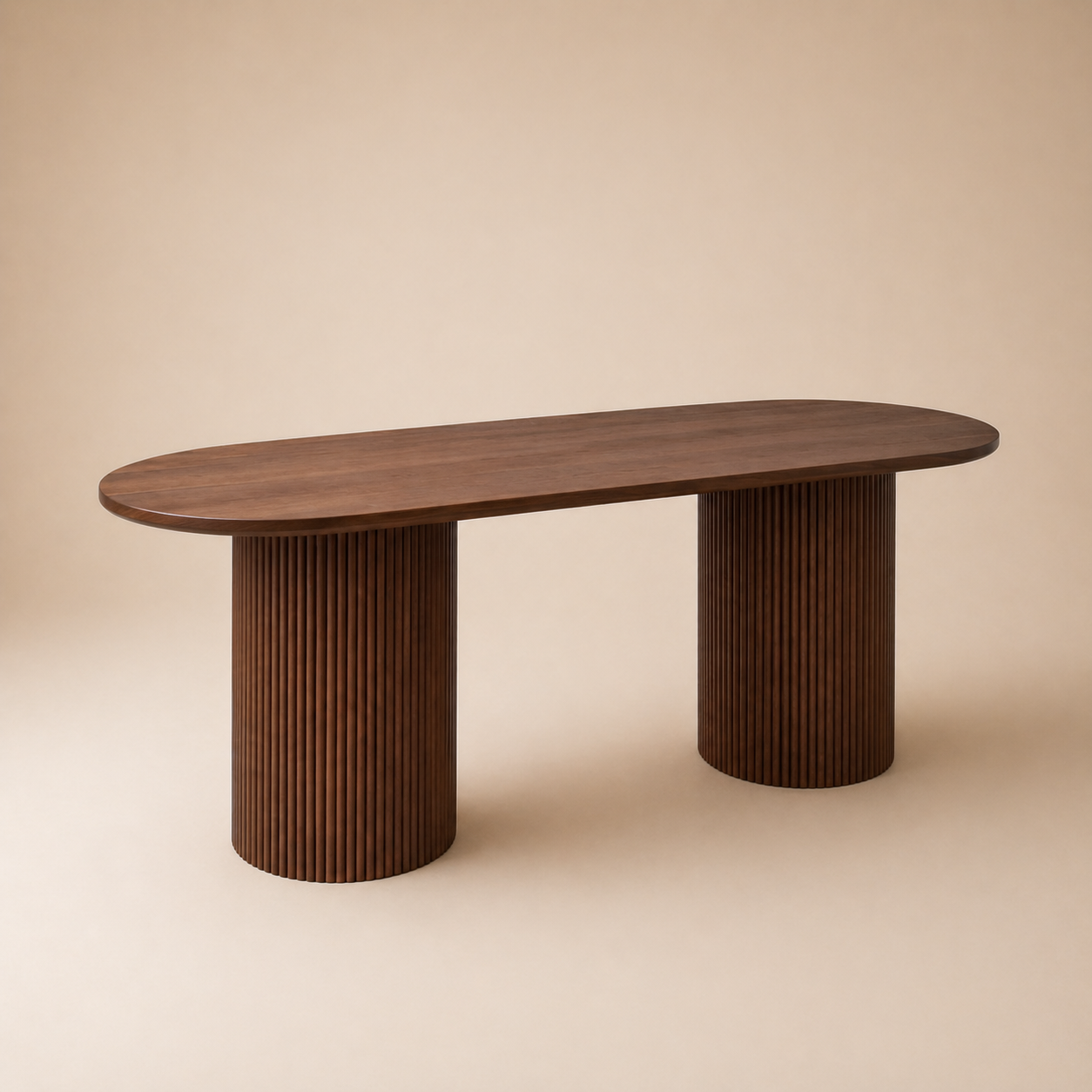 Angled view of a wooden dining table on a beige background.