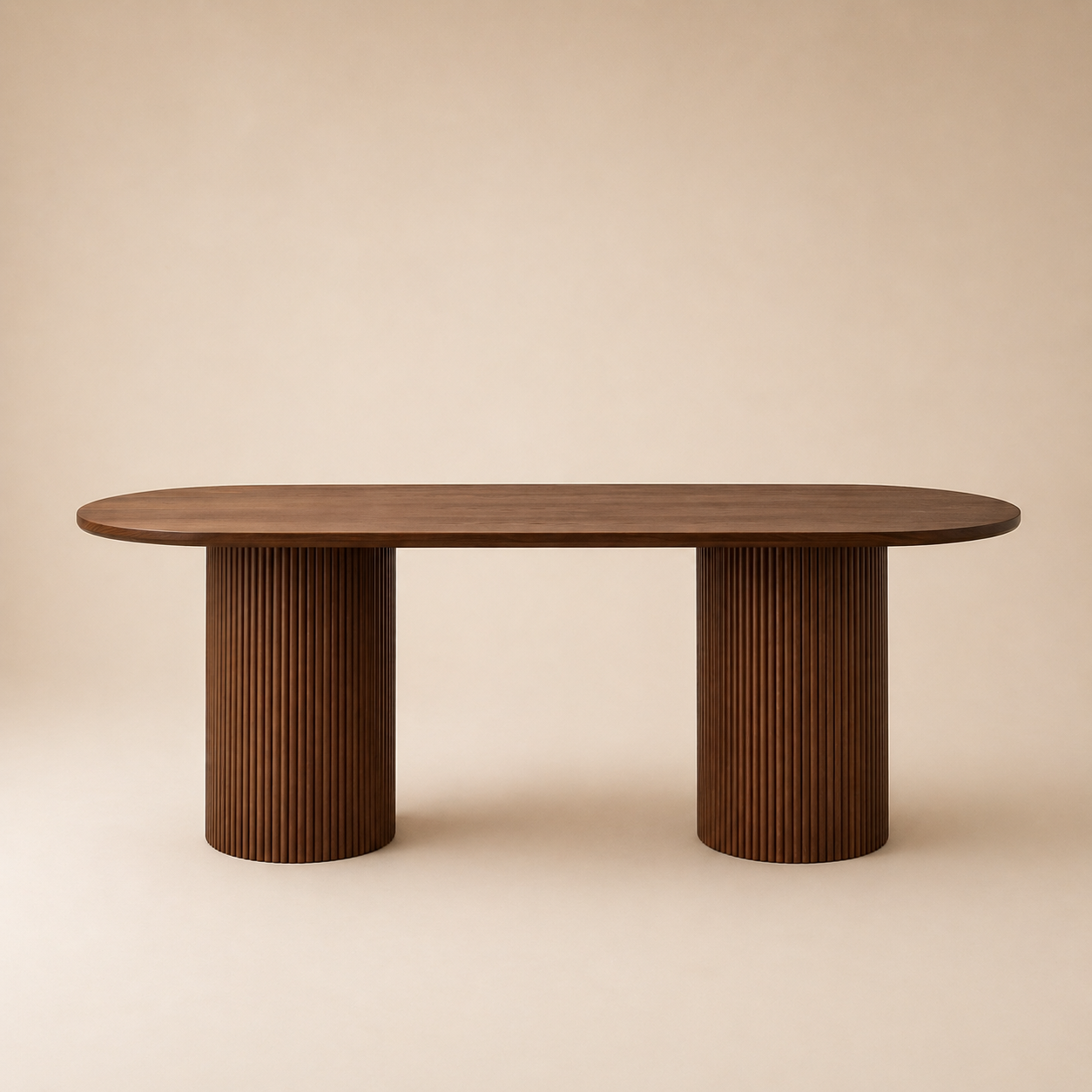 Wooden dining table on a beige background.