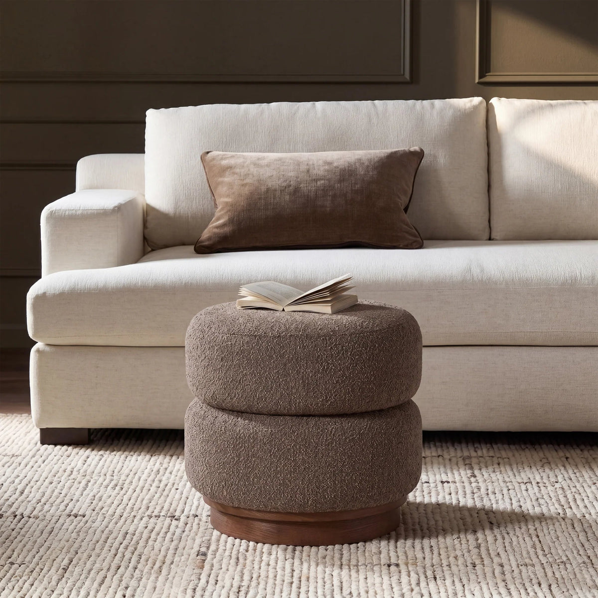 Moita Bouclé Stool styled in a contemporary interior