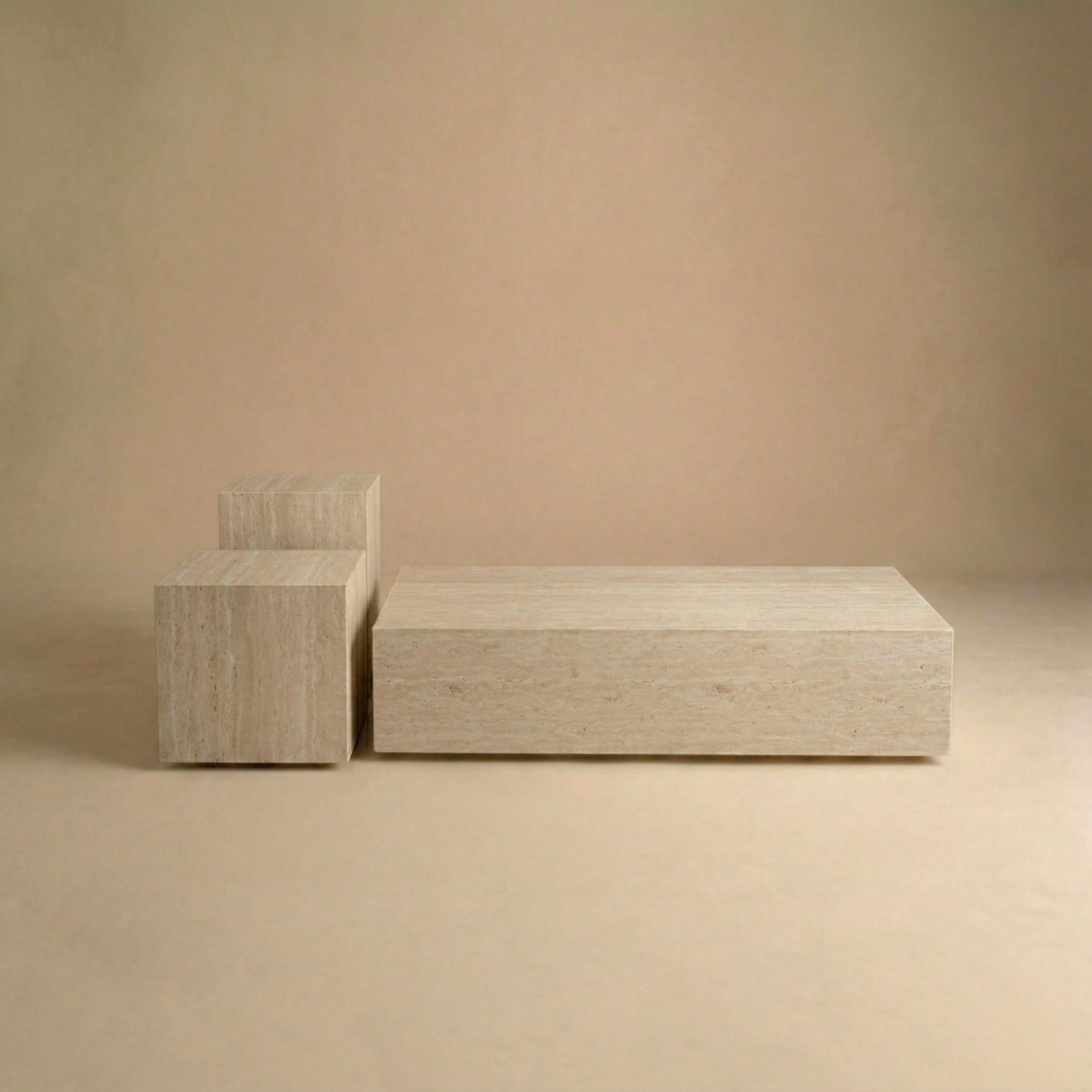 Travertine pattern coffee table, square side table,  tall side table on a beige background