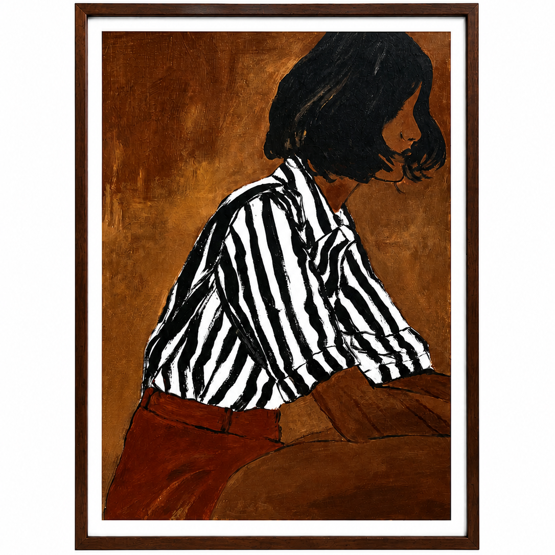 Artistic depiction of a person wearing a black and white striped shirt against a brown background