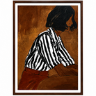 Artistic depiction of a person wearing a black and white striped shirt against a brown background