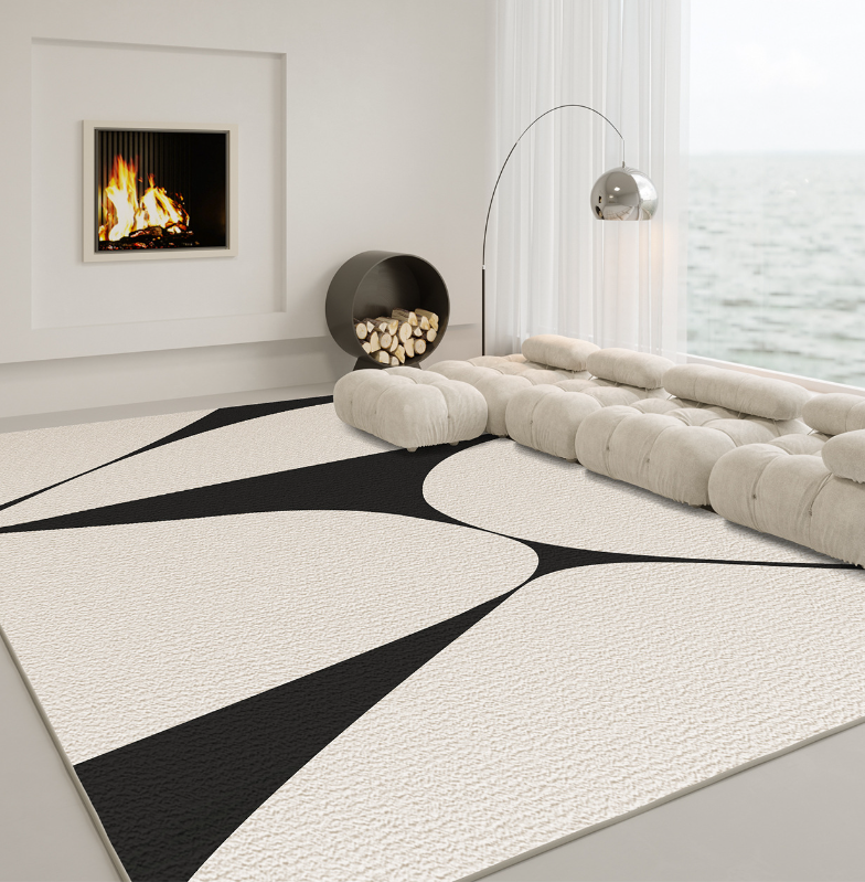Monochrome Flow Art Carpet in a modern living room with bold black and beige abstract curves