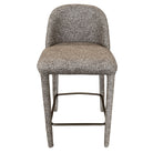 Full front view of the Myla counter stool featuring a curved backrest and plush light grey speckled upholstery.
