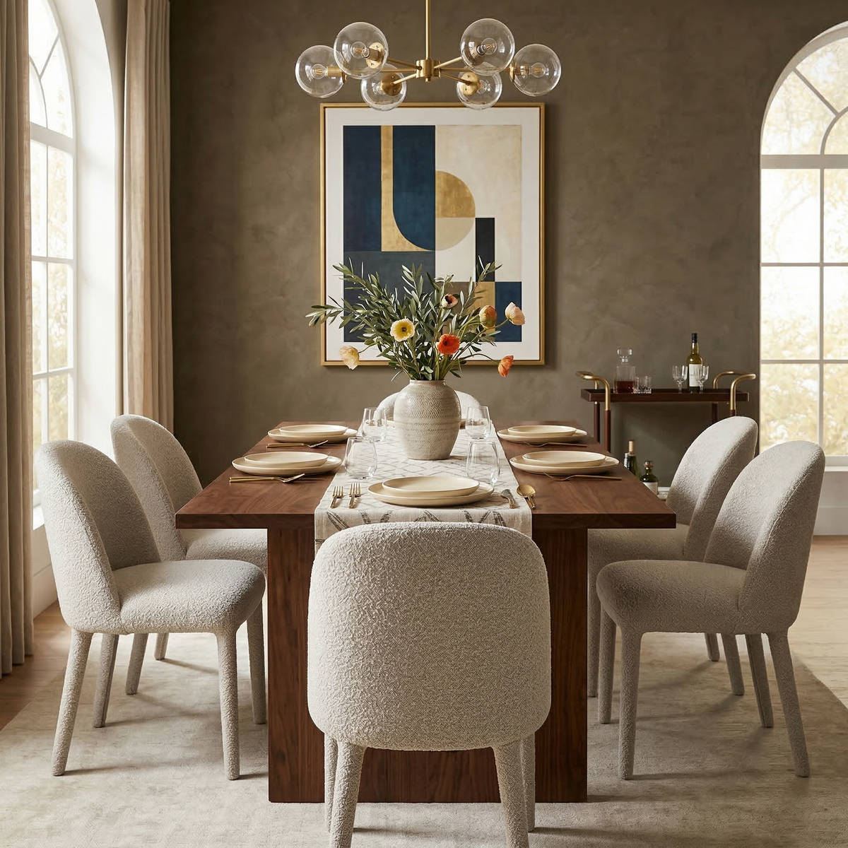 Six textured beige Myla dining chairs styled around a rich dark wood rectangular dining table in an elegant dining room