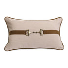 Natural cotton lumbar cushion with brown band and antique brass horse-bit buckle