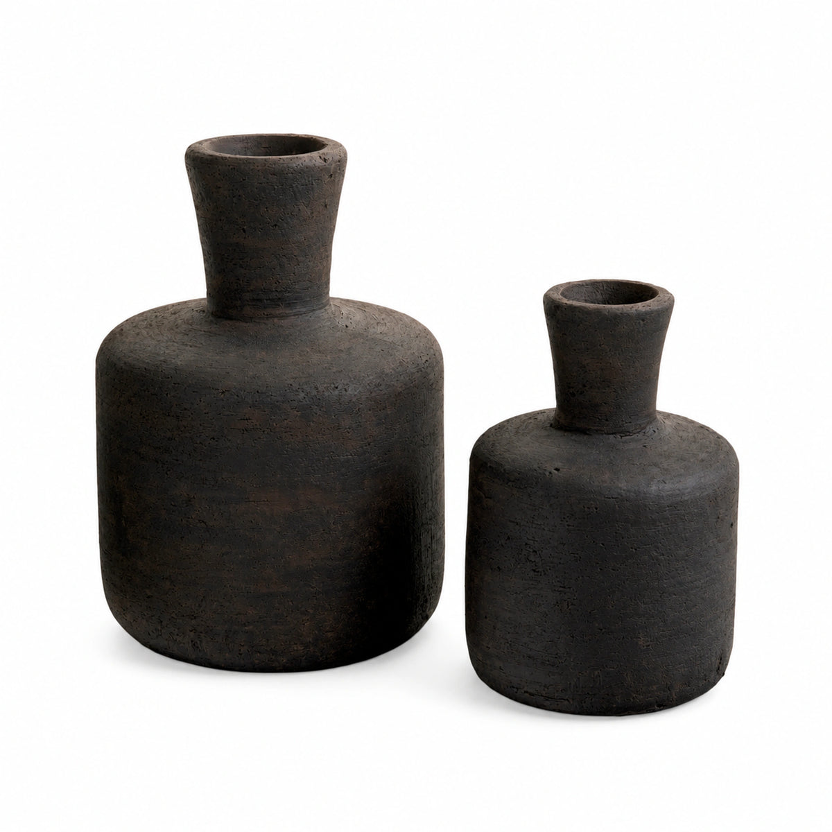 Nera large and small black-brown textured terracotta bottle vases on a white background.