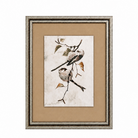 Framed artwork of birds on a branch with a beige background