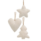 Three knitted Christmas tree ornaments in a cream color, including a star, a heart, and a Christmas tree shape, each with a natural jute hanging string, shown on a plain white background.