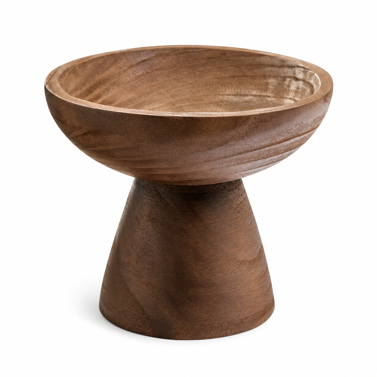 Noma medium brown paulownia wood pedestal bowl on a white background.