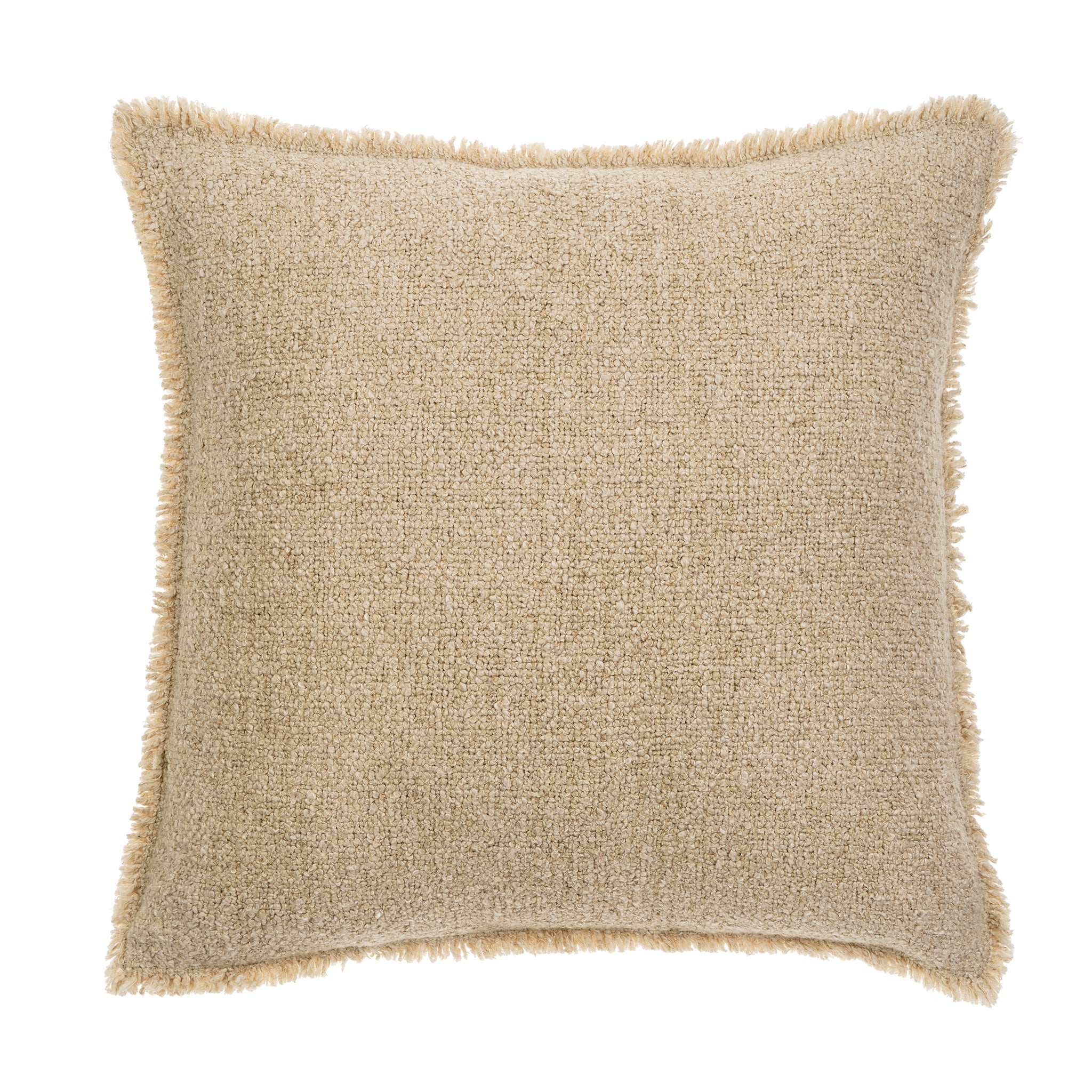 Full front view of the square Nubia bouclé pillow featuring a decorative fringed edge.