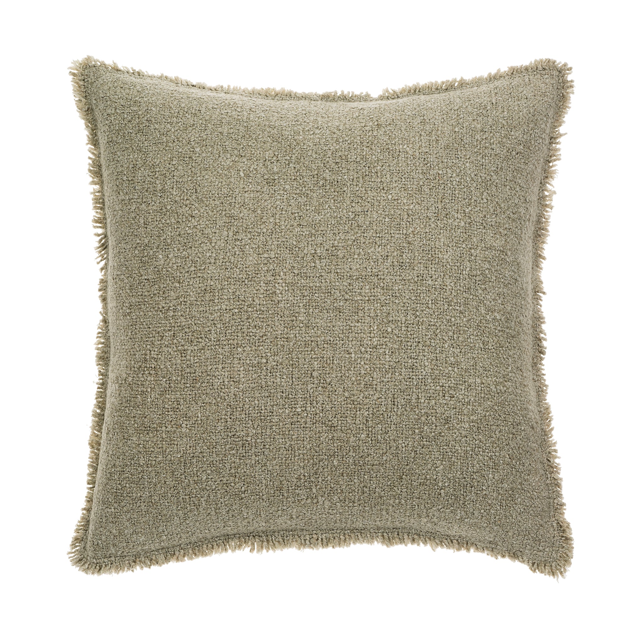Full front view of the square Nubia bouclé pillow featuring a decorative fringed edge.