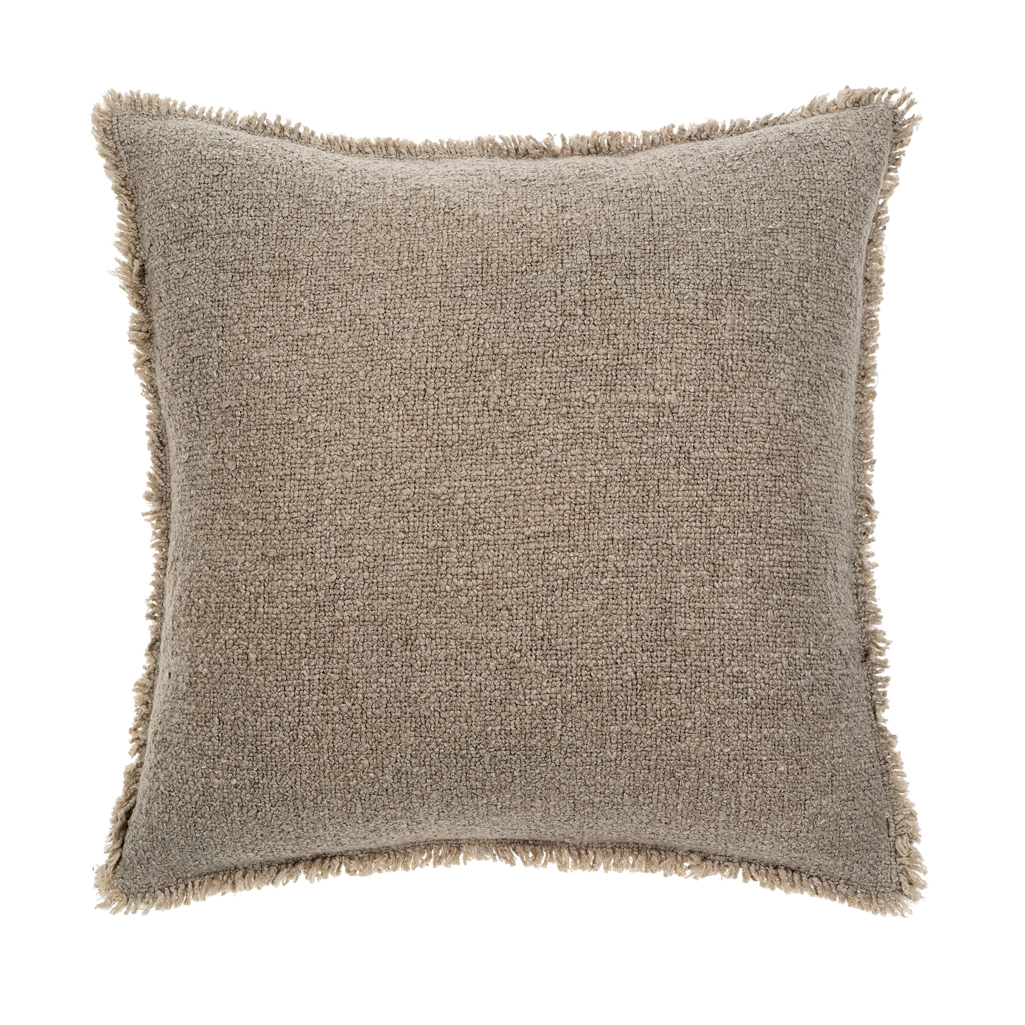 Full front view of the square Nubia bouclé pillow featuring a decorative fringed edge.