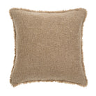 Full front view of the square Nubia bouclé pillow featuring a decorative fringed edge.