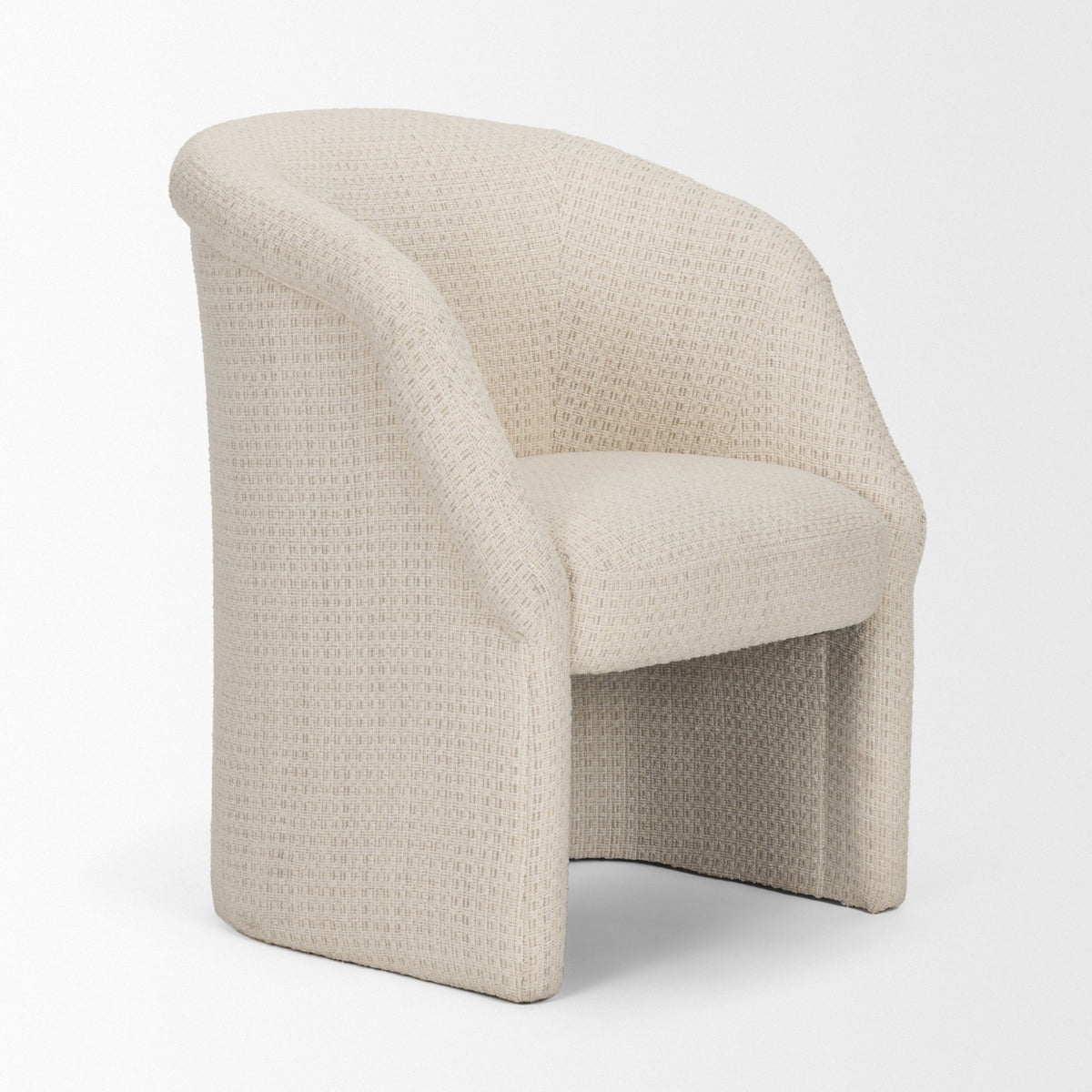 Three-quarter view of the Octavia dining armchair’s curved back and cushioned seat
