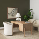 Octavia cream upholstered armchairs styled around a natural wood office desk