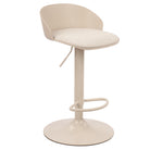 Angled front view of the beige Orla adjustable swivel stool featuring a curved backrest, footrest, and round trumpet base.