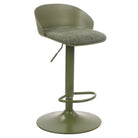 Angled front view of the olive green Orla adjustable swivel stool featuring a matching green base, shell, and textured upholstered seat.
