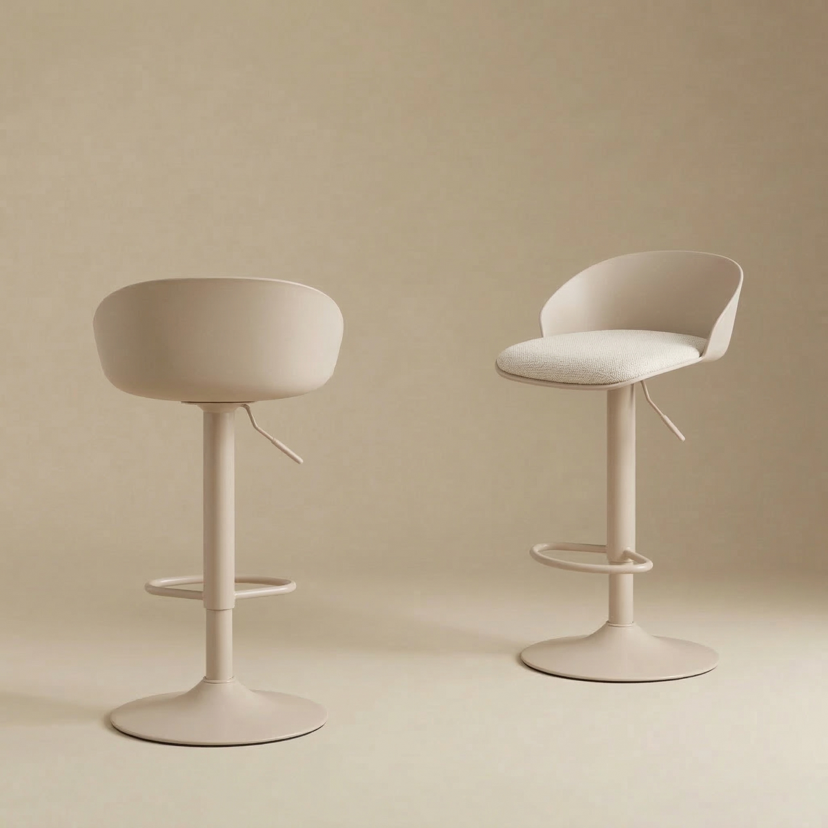 Pair of beige Orla Adjustable Swivel Stools shown at different seat heights