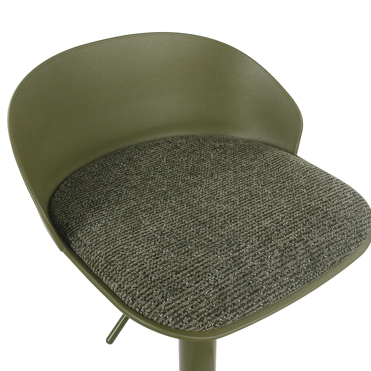 Close-up of the olive green Orla Stool upholstered cushion and curved shell