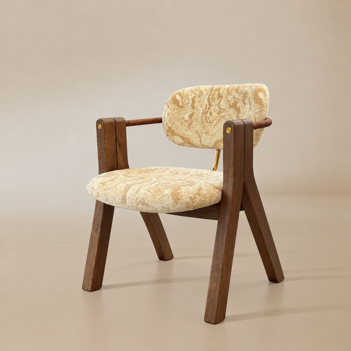 Three-quarter front view showing the rounded velvet backrest, padded seat, wrapped armrests, and angled wood legs.