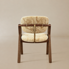 [Orsino Dining Chair] Rear view showing the rounded velvet backrest, wrapped arm rail, central brass-toned back support, and wood frame.