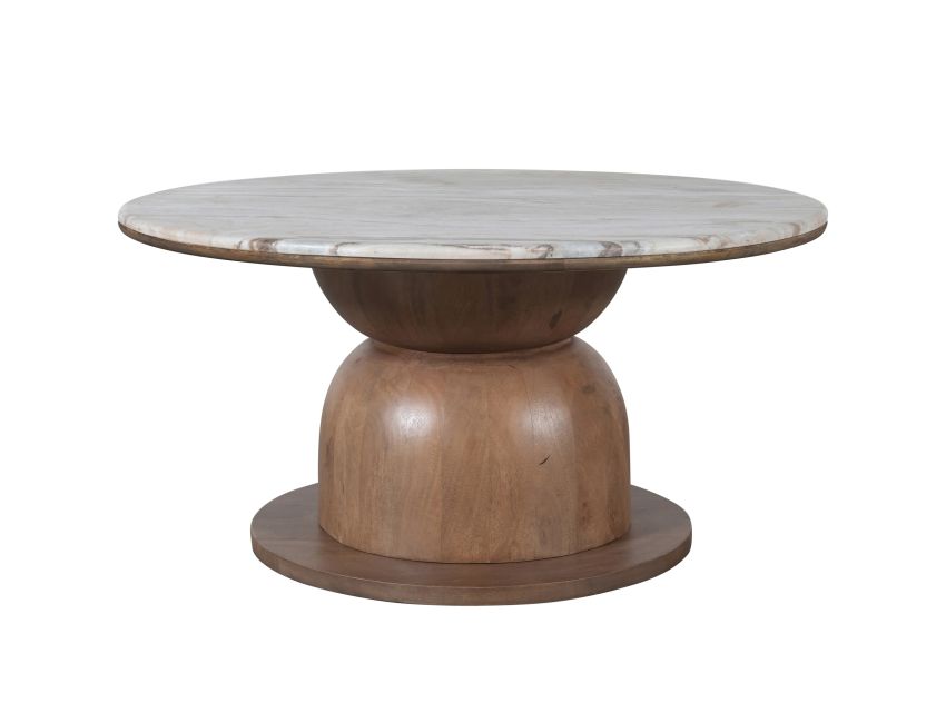 Front view of the Ottille round coffee table with marble top and wooden base on a beige background