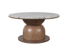 Front view of the Ottille round coffee table with marble top and wooden base on a beige background