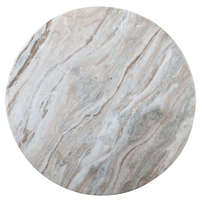 Round marble table top with beige and gray marbled pattern on a white background