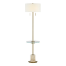 Perrin floor lamp illuminated to show the warm glow through its off-white linen drum shade.