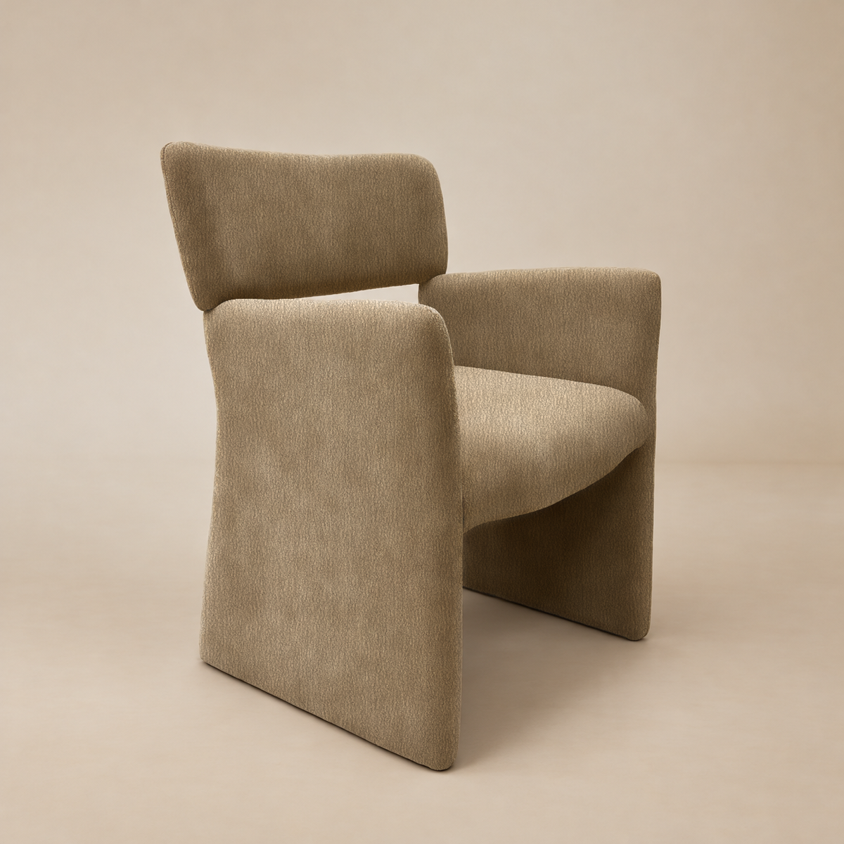 Three-quarter front view showing the upholstered panel sides, rounded seat, and open-back design.