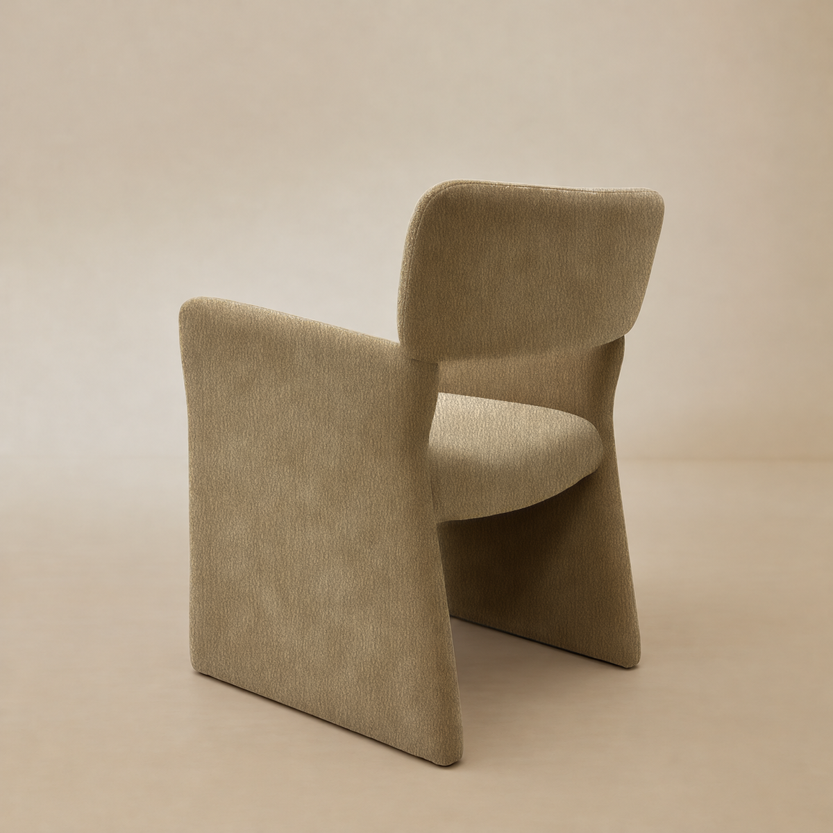 Rear three-quarter view showing the chenille-covered backrest and panel sides.