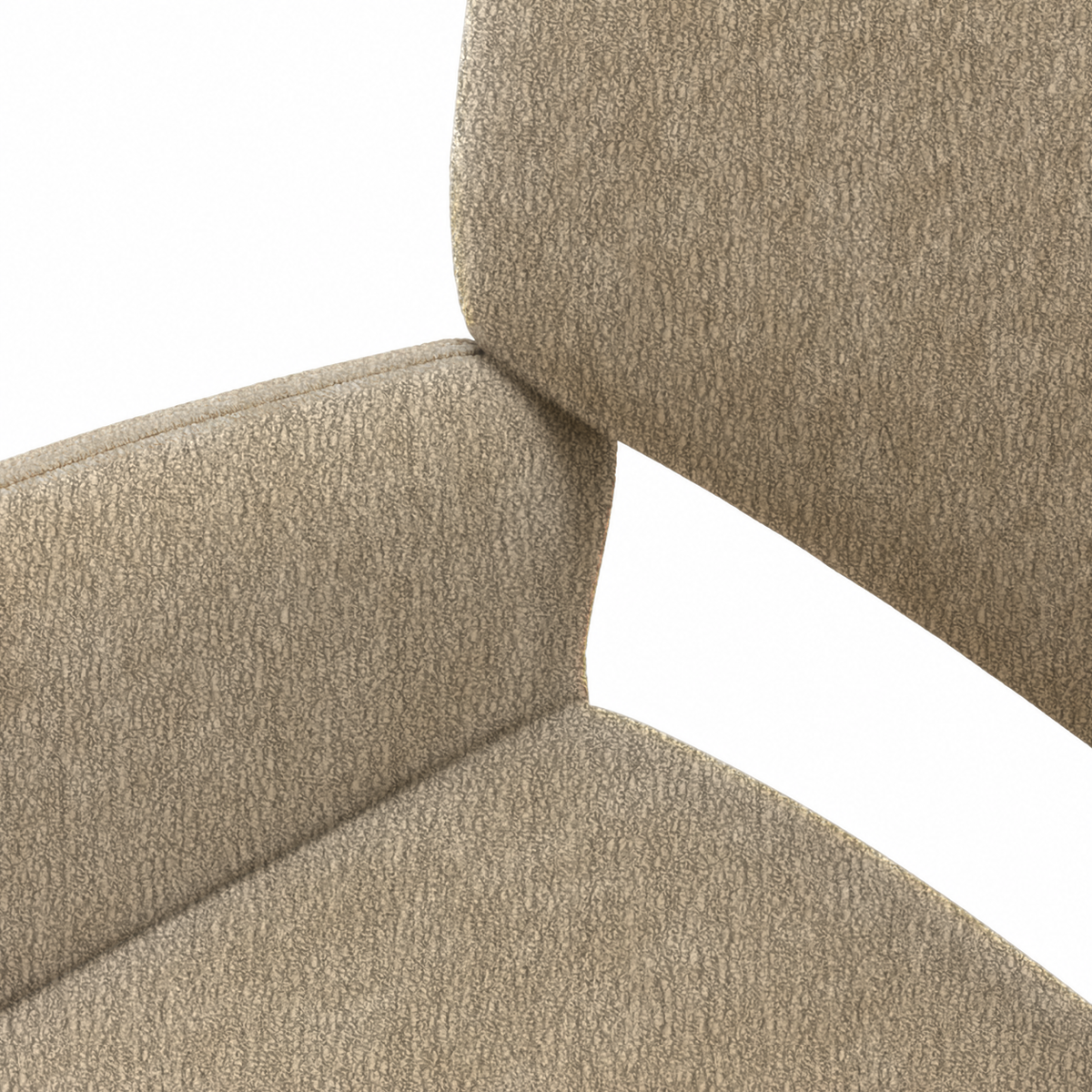 Close-up of the textured taupe chenille upholstery on the armrest, seat, and backrest.
